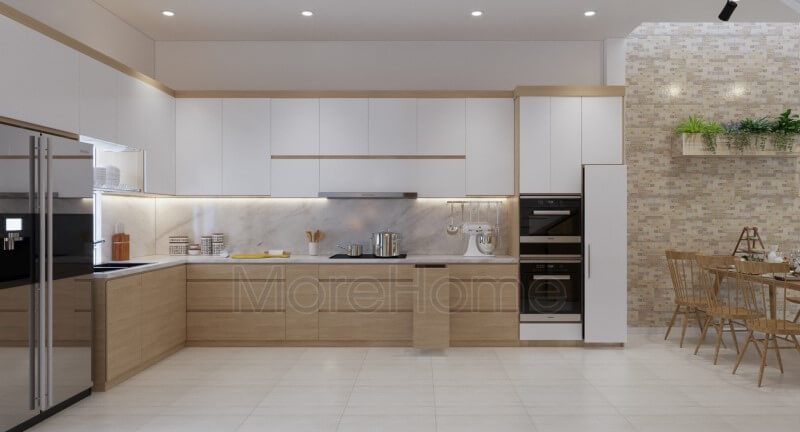Thiết kế nội thất phòng bếp hiện đại với một không gian mở rộng sẽ giúp gia chủ có thể quan sát và thuận tiện hơn trong không gian sinh hoạt của gia đình.